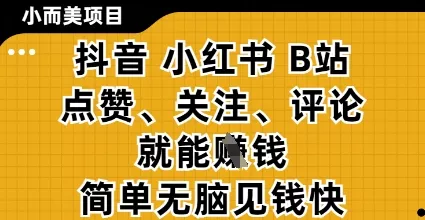 小而美的项目，抖音小红书B站视频点赞、关注、评论就能挣钱，简单无脑立见收益，妥妥的零撸项目【揭秘】